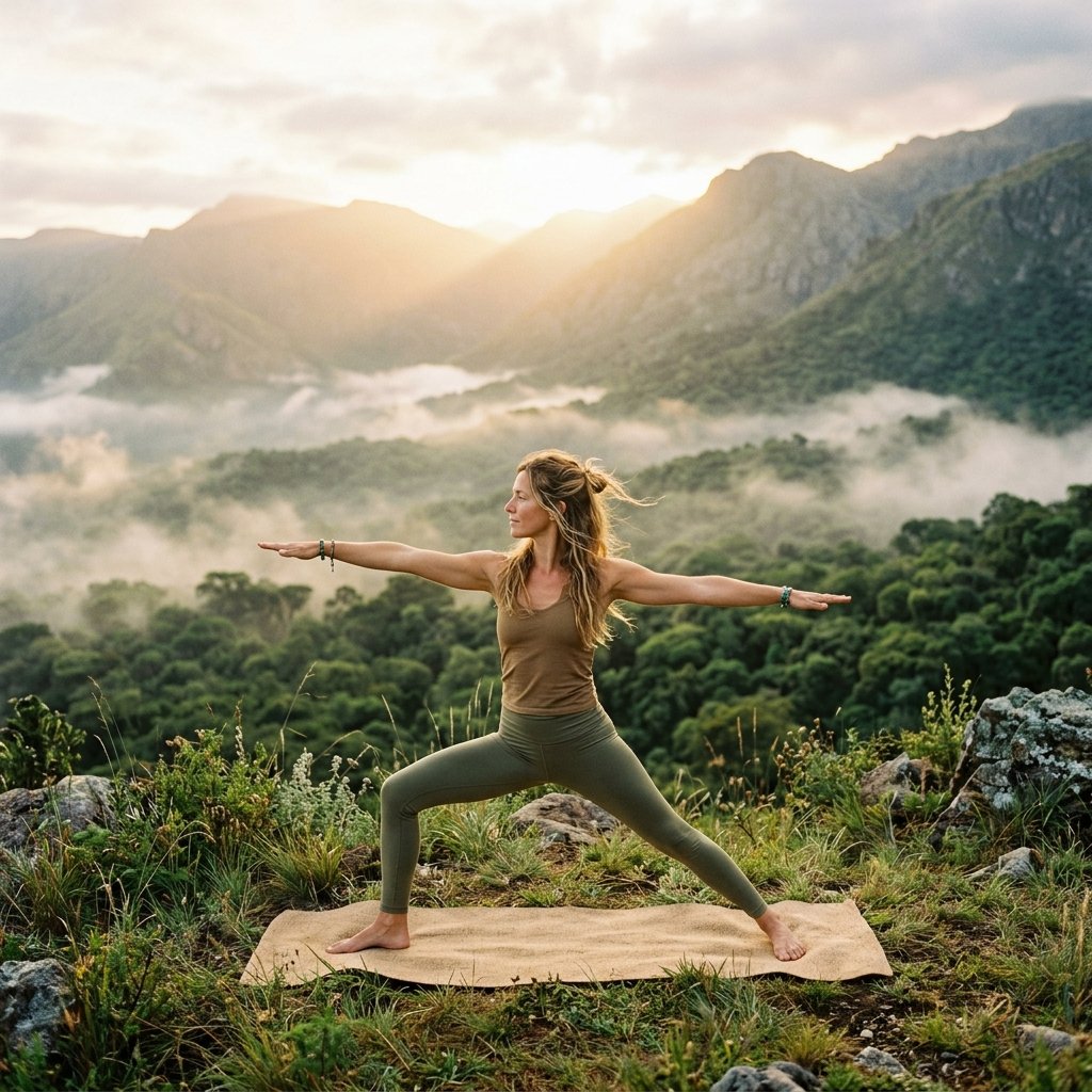Yoga en la montaña al amanecer